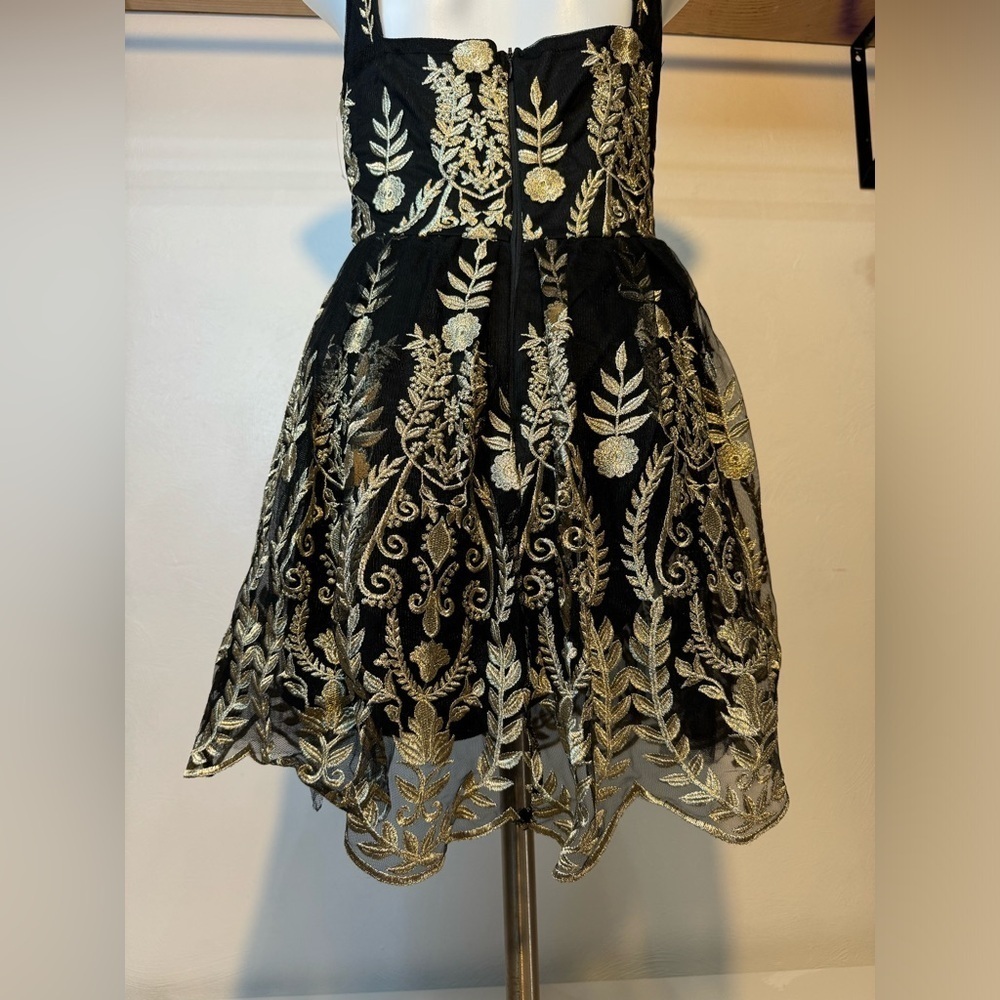 XS Altar'd State Dress Womens Small Black Gold Embroidered Floral tulle teacup - Picture 4 of 13